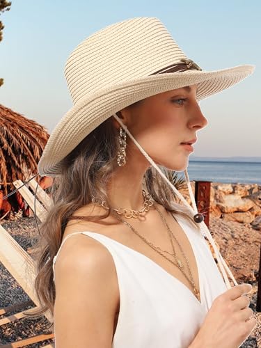Image of Straw Cowboy Sun Hat Western Cowgirl Women Men with Windproof Chin Strap