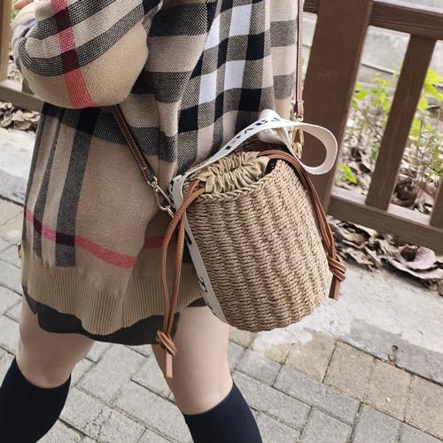 Flower Pearls Rattan Tote Bag Summer Beach Drawstring Straw Bucket Bag Diamonds Woven Handbag2