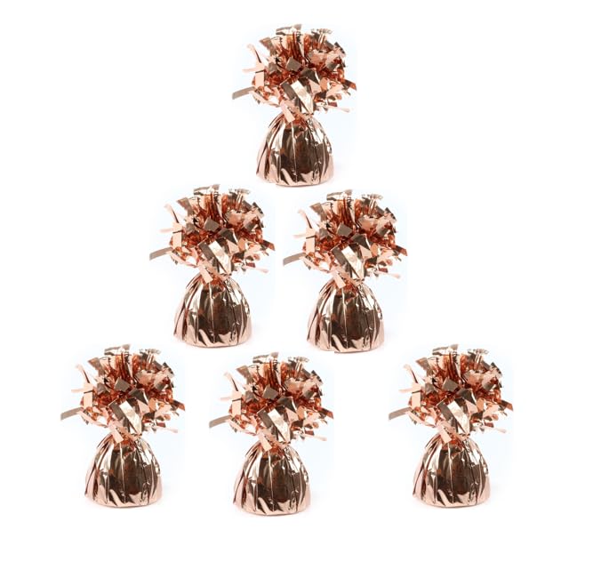 Pack of 6, 12 & 24 Heavy Balloon Weights (5cm x 13cm / Helium Latex Balloon Weight Fountain Table Floor Tassle Cone Birthday Party Accessory with Ribbon Roll (Rose Gold, 6 qty)