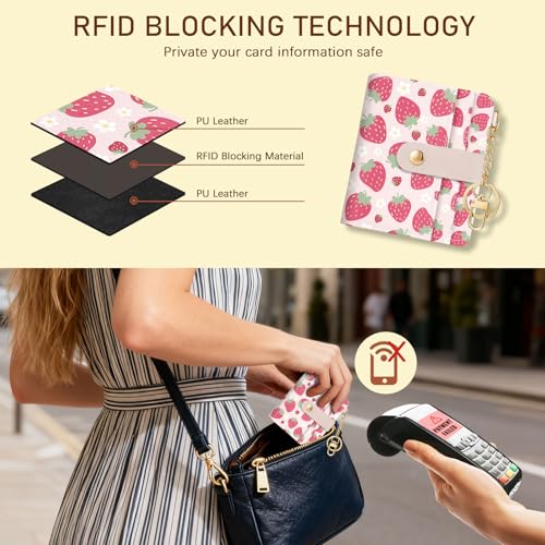 Image of Jogjam Strawberry Rfid Girls Girly Teen Wallet, Small Slim Thin Compact Travel Credit Card Women Wallet, Cute PU Leather Bifold Cash Zipper Coin Pocket ID Window for Female Ladies Gifts