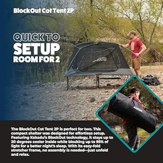 Kakadu Camping Tent Cot, 2 Person, Quick Setup, Folding, Compact, Elevated Tent with BlockOut Rain Fly, Awning Poles, Ultra-Fine Mesh Windows, and Carry Bag