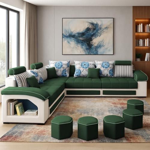 Image of Casaliving Yamir Modern U-Shaped Sectional Sofa Set with Storage, 9 Seater, Sofa Couch with 4 Puffy for Hall Guest Room (Green & Grey) Premium Fabric Sofa Set
