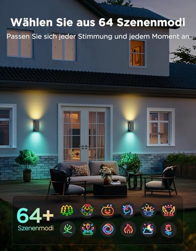 Govee Outdoor UpDown Wandleuchte RGBICWW, 1400LM LED Wandleuchte Aussen mit 64 Szenenmodi, IP66 Wasserdicht Wandlampe, Funktioniert mit Matter, Alexa und Google Assistant, 2er-Pack 5