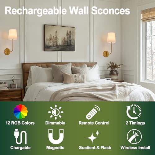 Image of Set of 2 Battery Operated Wall Sconce with Remote Control and White Fabric Shade,15 Colors Dimmable 5200mAh Rechargeable Cordless Wall Lamp for Living Room Bedroom Hallway,2 Bulbs Included