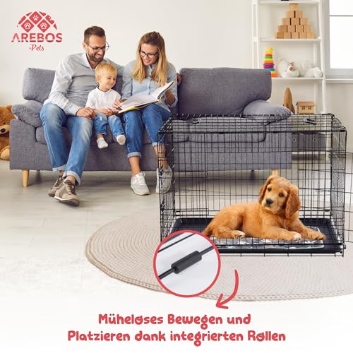 Arebos Hundekäfig 107 x 71 x 77,5 cm | Hundetransportbox Auto klappbar | Hundebox faltbar | Transportbox Hund mit 2 Türen | Hundekäfig für Zuhause | XL Schwarz