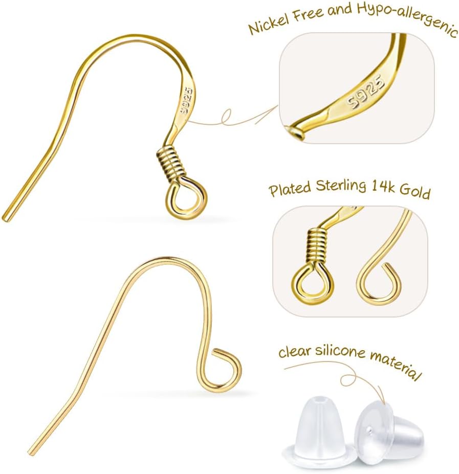 14K Gold Earring Hooks Hypoallergenic 200Pcs Ear Wires + Fish Hooks Jewelry Making Supplies Findings Nickel-Free with 200Pcs Clear Rubber Earring Backs for DIY Jewelry - Image 3