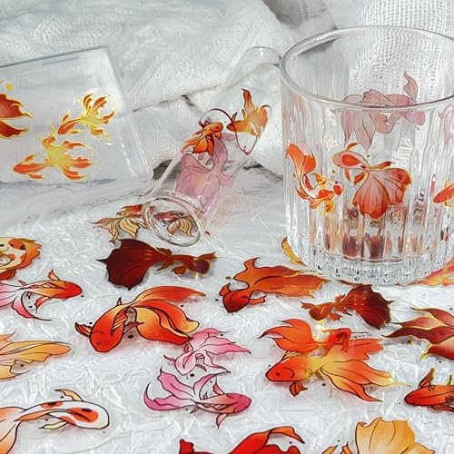 Image of 50PCS Gold Stamp Stickers Goldfish Aesthetic PET Travel Journal Decal Waterproof Decorative Decals for Scrapbook DIY Crafts Album Bullet Journal Planner Water Bottles Laptop Phone (Gold Stamp-A)