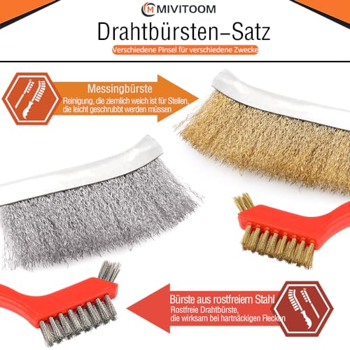 Handdrahtbürste-Set 4-teilig mit Edelstahlbürste Stahlbürste und Messingbürste, Drahtbürste klein zum Reinigen von Rost, Farbe und Schweißschlacke