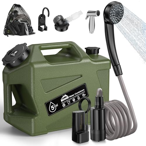 Ducha portátil para camping Eioehtl, balde alimentario de 5 galones con bomba de batería de 2200mAh, IPX7 impermeable, cabezal de alta presión, diseño a prueba de derrames para camping, playa, senderismo y lavado de perros miniatura 1