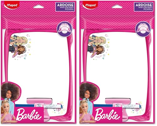 Maped - Kit Ardoise Blanche Barbie - Souple Incassable - 1 Ardoise Effaçable + 1 Porte-accessoires + 1 Brosse + 1 Feutre - Double Faces (Lot de 2)