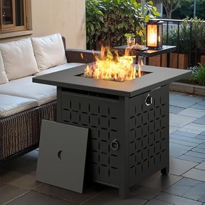 Vongrasig 28” Gas Fire Pit Table, 50,000 BTU Outdoor Propane Fire Table, Steel Square Fire Table with Lid and Lava Rock, CSA Certified for Outside Patio Deck Garden