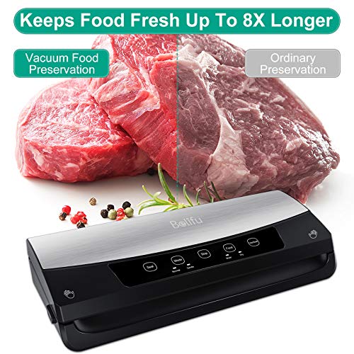 Belifu Vacuum Sealer Machine, Automatic Vacuum Air Sealing System For Food Savers with Starter Kit, Compact Design, Dry & Moist Food Modes, Built-in Cutter, LED Indicator Lights, Compact Design for Sous Vide and Food Storage (Stainless Steel)