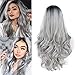 Produktbild ANAMOSA Ombre Grau lange lockige gewellte Perücken für Frauen Synthetische Perücke mit dunklen Wurzeln Cosplay Party oder Alltagsperücke 28''