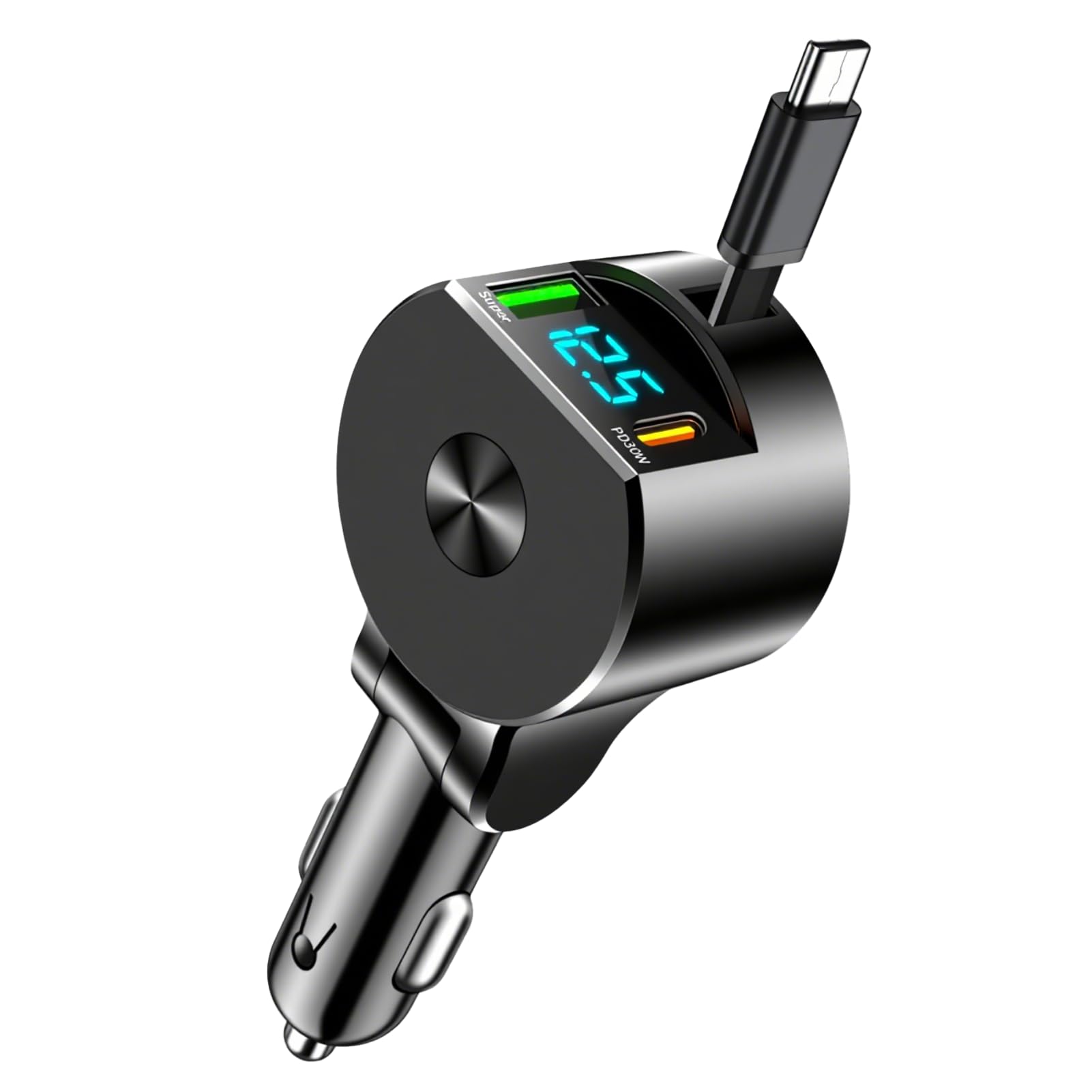 Caricatore Auto Accendisigari Retrattile 3 in 1 75W con Cavo USB C Retrattile e Porta USB-A, Carica Cellulare per Auto Rapido PD 30W QC3.0, Compatibile con i-Phone 16/15/14, Sam-sung, Huawei, Xiaomi,