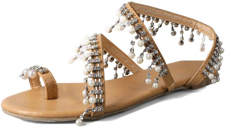 XMWEALTHY Women's Strappy Flat Sandals Bohemia Jeweled Toe