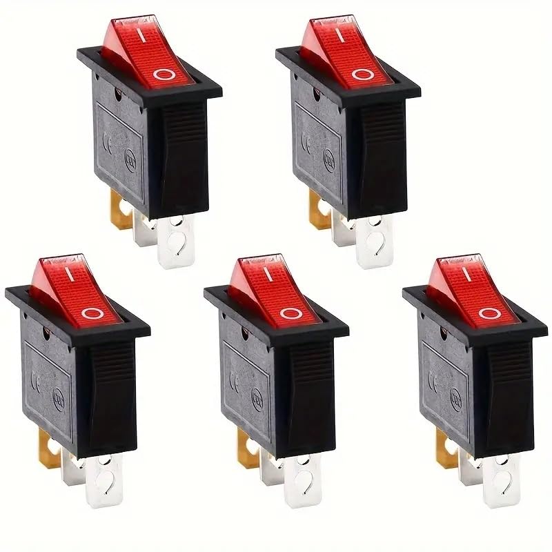 Interruptor Basculante SPST ON/OFF 3 pin, Interruptor Basculante SPST de Encendido y Apagado, Interruptor de Encendido/Apagado de Dos polos y tres Terminales, 250 V 16A, Luz Rojo, 5 unidades