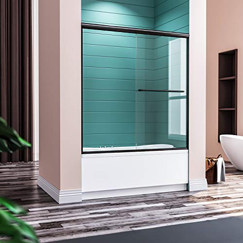 Elegant 60" W X 57" H Bathtub Sliding Shower Door 1/4 In. Clear Glass Tub Enclosure Door, Semi-Frameless Shower Door，Bypass Sliding Bathroom Door, Black Hardware #TOP1