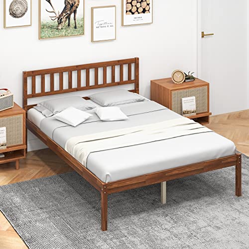 Image of GIANTEX Wood Full Size Bed Frame with Headboard, Mid Century Solid Wood Bed with Slat Support, No Box Spring Needed, Double Bed Frame with 16 inch Under Bed Storage, Walnut