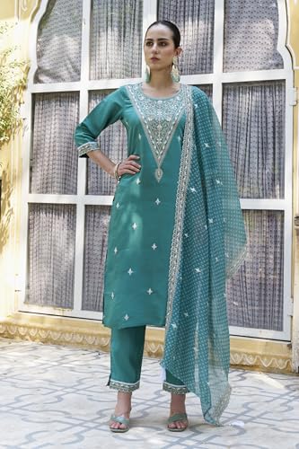 Image of VredeVogel Women's Silk Blend Embroidered Kurta with Pant & Organza Dupatta Set