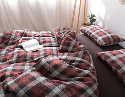 Image of VM VOUGEMARKET Red Gingham Duvet Cover King Muslin Cotton Plaid Bedding Set Soft Breathable Linen Like Gauze Comforter Cover with Zipper Closure for Adults-3 Pieces,104 inchx90 inch