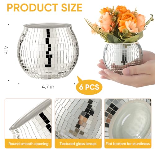 Image of 6 Pcs Disco Ball Vase Disco Ball Planter for Centerpieces Disco Ball Decor Flower Vase with Silver Mirror Glass for Wedding, Birthday, Party (4 inch X 4.7 inch)