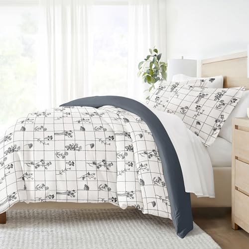 Linen Market Set copripiumino in microfibra, motivo floreale grigio, doppio/doppia extra lunga