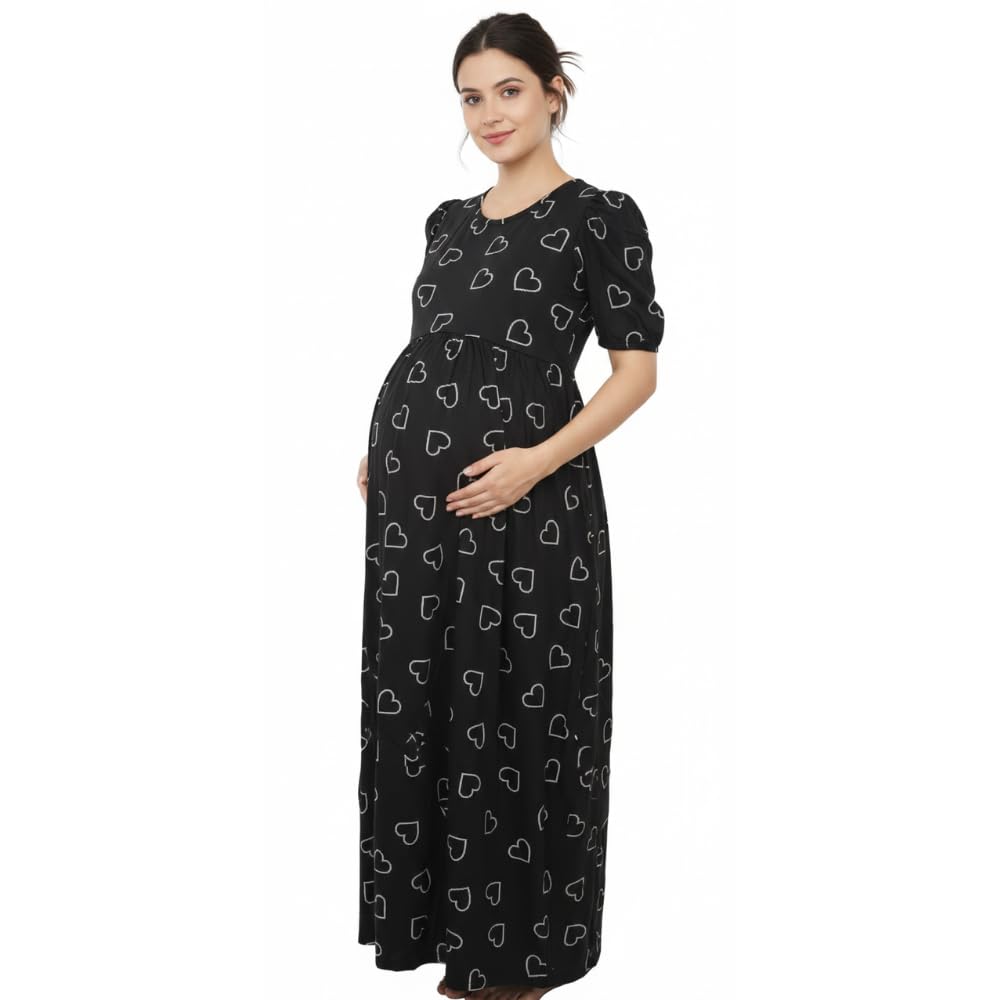 Women Maternity Maxi Dress | Black Heart Print Feeding Friendly Pregnancy Dress | Soft Cotton Casual Wear for Pregnant Women-image-29