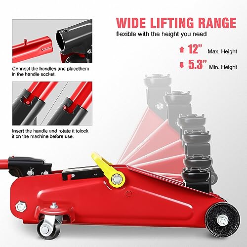 Image of DNA Motoring 1.5 Ton Car Floor Jack Low Profile Hydraulic Trolley Service /Floor Jack, 1.5T / 3000 lbs Capacity, Lifting Range 5.3 Inch -12 Inch, with Storage Case, Red, TOOLS-00326