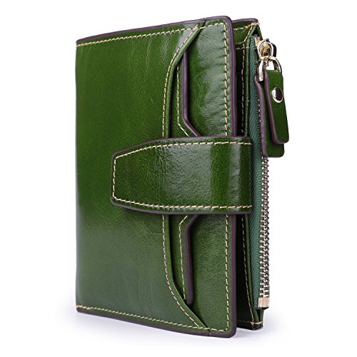 Ainimoer Women's Rfid Blocking Leather Small Compact Bi-Fold Zipper Pocket Wallet Card Case Purse With Id Window (Waxed Green) #TOP5