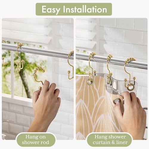 Image of Amazer Gold Shower Curtain Hooks Rings, Stainless Steel Shower Curtain Rings, 12Pcs Double Glide Shower Hooks for Bathroom Shower Curtain Rods Dual Rust-Resistant Shower Rings