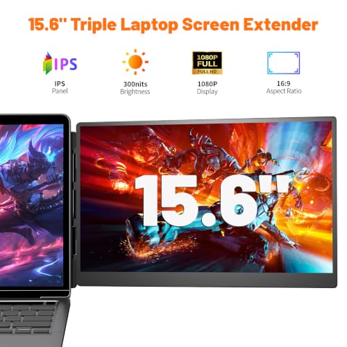 Image of 15.6 inch Laptop Screen Extender, 1080P FHD Triple Portable Monitor, One Cable USB-C Dual Portable Monitor, IPS Travel Monitor for 12 inch-17'' Laptops, MacOS /Windows(Driver Need)