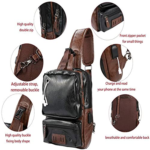 Bolso bandolera de cuero PU marrón para hombre con puerto de carga USB 6