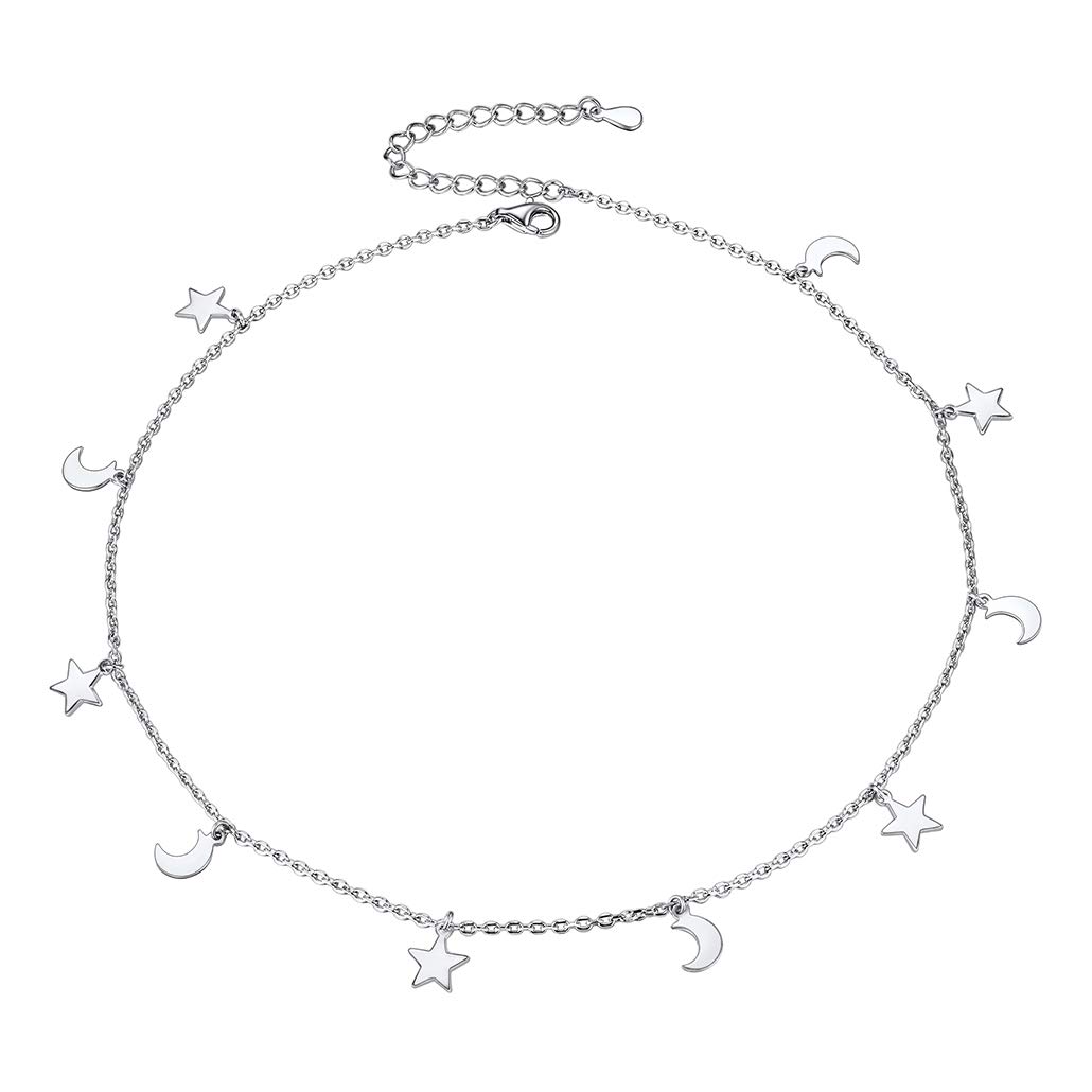 Silvora Collar Corto de Plata con Detalles para Clavicula, 38cm Collar Fino de Bolas/Lunas y Estrellas/Cruces con Alargador para Mujeres Novia Madre Hija