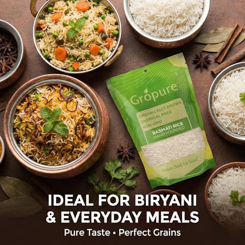 Image of GroPure Organic: From Soil to Soul - Basmati Rice - 9kg I Organic Biryani Rice I Hand Pounded I Chemical & Pesticide Free I Best Organic BASMATI RICE