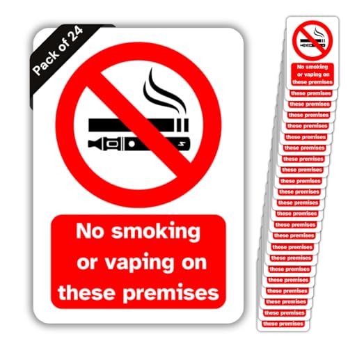 Image of No Smoking or Vaping Vinyl Signs, 75mm x 100mm, Self-Adhesive Stickers, Waterproof, Indoor/Outdoor Use, Safety Warning Sign, C&J Goods (No Smoking Or Vaping on These Premises, 24 Pack)
