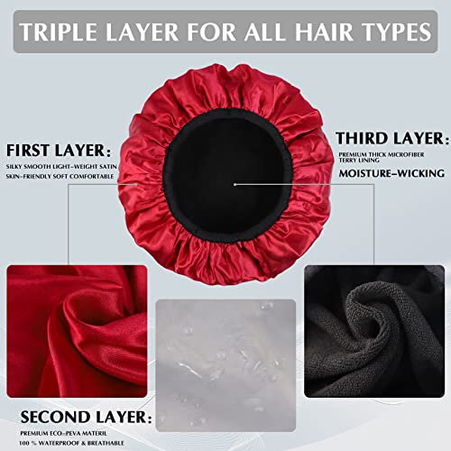 Shower Cap,3 Layer Terry Lined Shower Caps,Reusable Waterproof Shower Cap For Women,Microfiber Terry Cloth Lined Satin Hair Cap With Dry Hair Function,Extra Large Bath Cap For All Hair Lengths(Red) #TOP3
