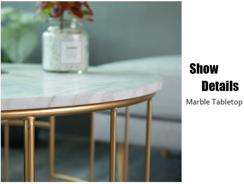 Image of Modern Round Coffee Table Set with Space-Saving Circle End and Side Tables for Living Room Office Balcony or Yard Stylish & Durable Furniture with Sturdy Metal Frame (Gold & White)
