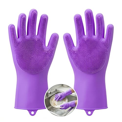 Image of Kitchen Dishwashing Gloves for Washing Dishes - Reusable Rubber /Silicone Cleaning Gloves for Kitchen, Bathroom & Car Cleaning - Waterproof Household Hand Gloves for Women, Home Essentials (Purple)
