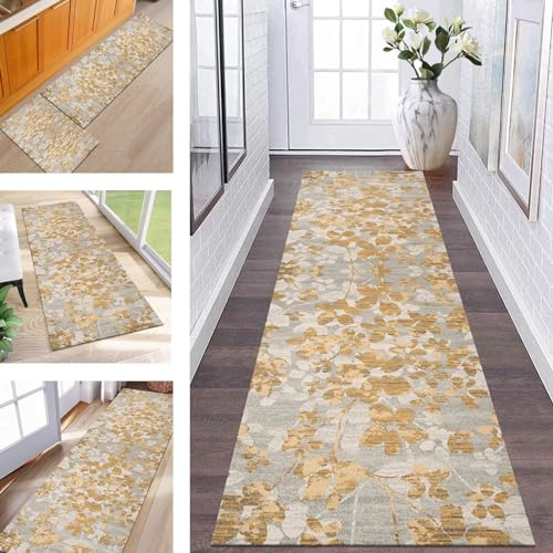 Alfombra antideslizante lavable para cocina, 110 x 150 cm, color gris y marrón, para entrada, pasillo, dormitorio, sala de estar, alfombra de suelo interior con respaldo de goma antideslizante y