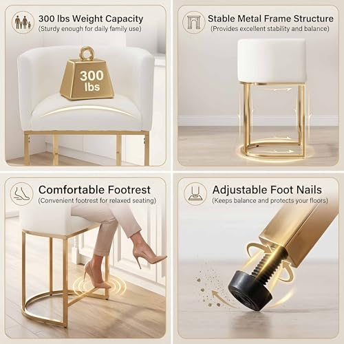 Image of HNY Modern Barrel Counter Height Gold Bar Stools Set of 3, 24 Inch Kitchen Bar Stools with Back, PU Leather Barstools Bar Height for Island with Golden Metal Tubular Frame, White