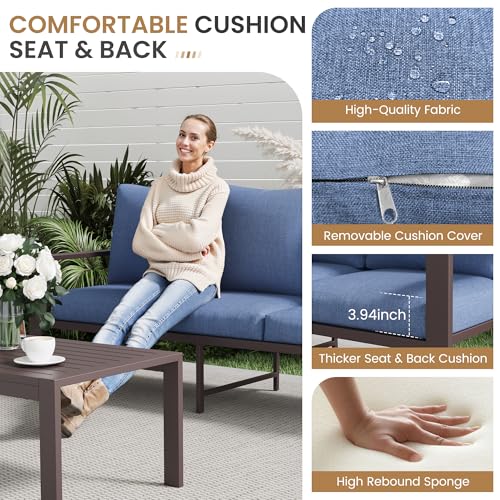 Image of Aluminum Patio Furniture Set 5 Pieces Modern Patio Conversation Sets for Porch, Deck, Garden, 7-Seat Outdoor Furniture Metal Sofa Set with 4 inch Water-Resistant Cushion & Coffee Table,Navy