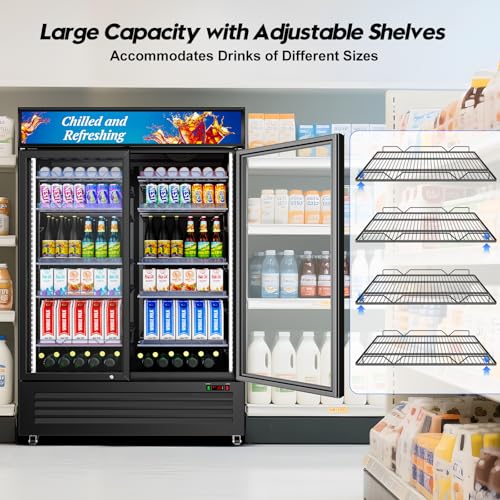 Image of Commercial Beverage Refrigerator with 2 Glass Door, 383L Display Fridge Beverage Cooler with Customizable Lightbox Adjustable Shelves, Drink Fridge Merchandiser for Restaurant Shop, Black