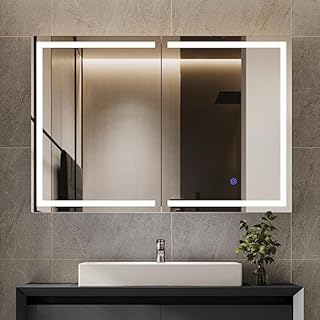 Hasuit Lighted Medicine Cabinet with Mirror, Wall Mounted Bathroom Mirror with Storage, 2 Doors Bathroom Wall Cabinet with LED Lights, 31.5'' x 23.6''