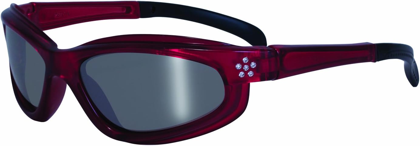 SSP Eyewear Women's Safety Glasses with Rhinestone Accent Red Frames and Silver Mirrored Shatterproof Lenses, CHINOOK RED M