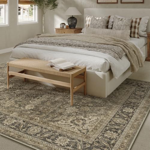 9x12 Brown Vintage Area Rug for Living Room Bedroom Large Traditional Low Pile Soft Carpet Non-Slip Thin Retro Distressed Accent Washable Throw Rug for Dining Room Office Kitchen Indoor
