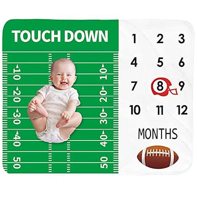 Baby Monthly Milestone Blanket Boy - Newborn Month Blanket Unisex Neutral Personalized Shower Gift Football Sports Nursery Decor Photography Background Prop with Frame Large 51''x40''