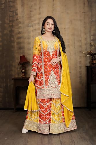 Miss Ethnik Store Miss Ethnik Women's Yellow Chinon Kurta Palazzo Set - Image 3