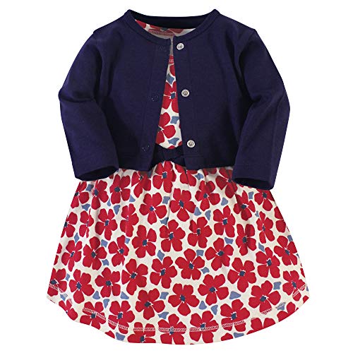 Touched by Nature baby girls Organic Cotton and Cardigan Casual Dress, Red Flowers, 12-18 Months US