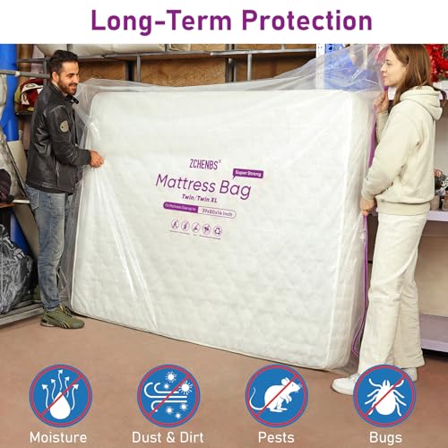 Image of ZCHENBS - Twin /Twin XL Mattress Bags for Moving, Waterproof Mattress Storage Bag with Zipper, Heavy-Duty 5 Mil Ultra-Thick Bed Protector Cover for Moving, Reusable (Transparent /Purple, 1 Pack)