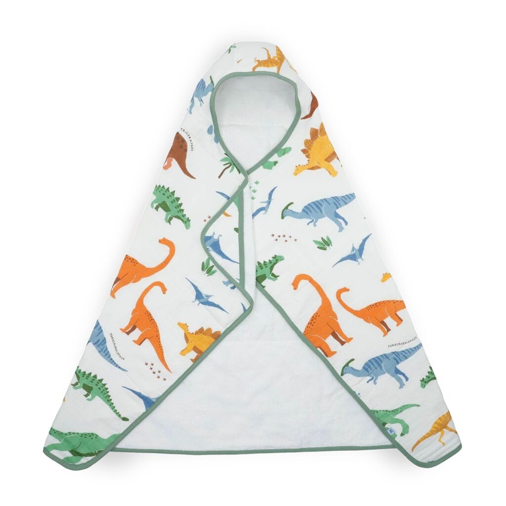 Little Unicorn Hooded Bath Towel | Absorbent Cotton &amp; Terry Blend | Larger Size for Baby &amp; Toddlers, 1-6 Years (Dino Names)
